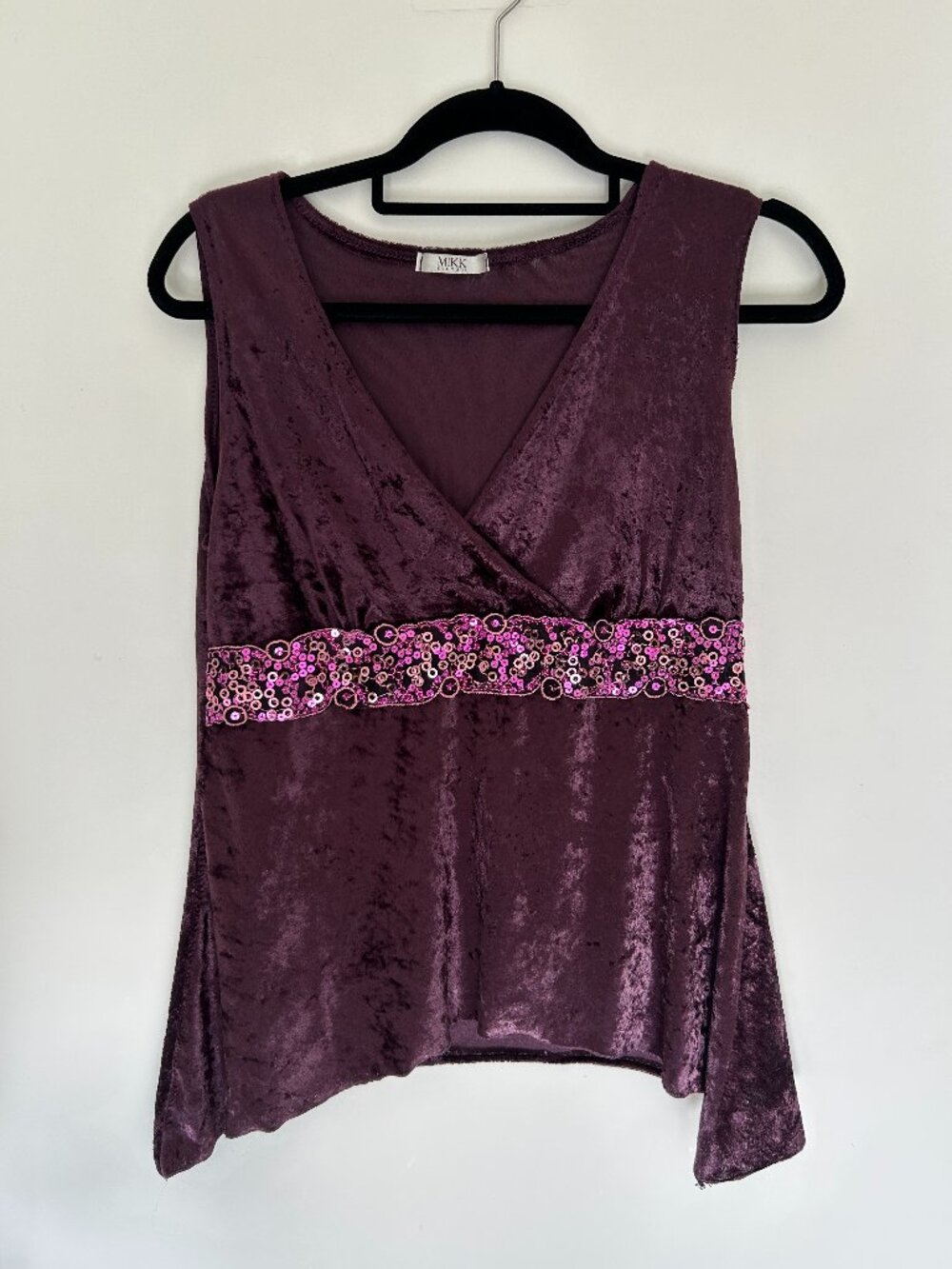 Vintage Dark Plum Crushed Velvet Sequin Empire Waist Top Size L/XL